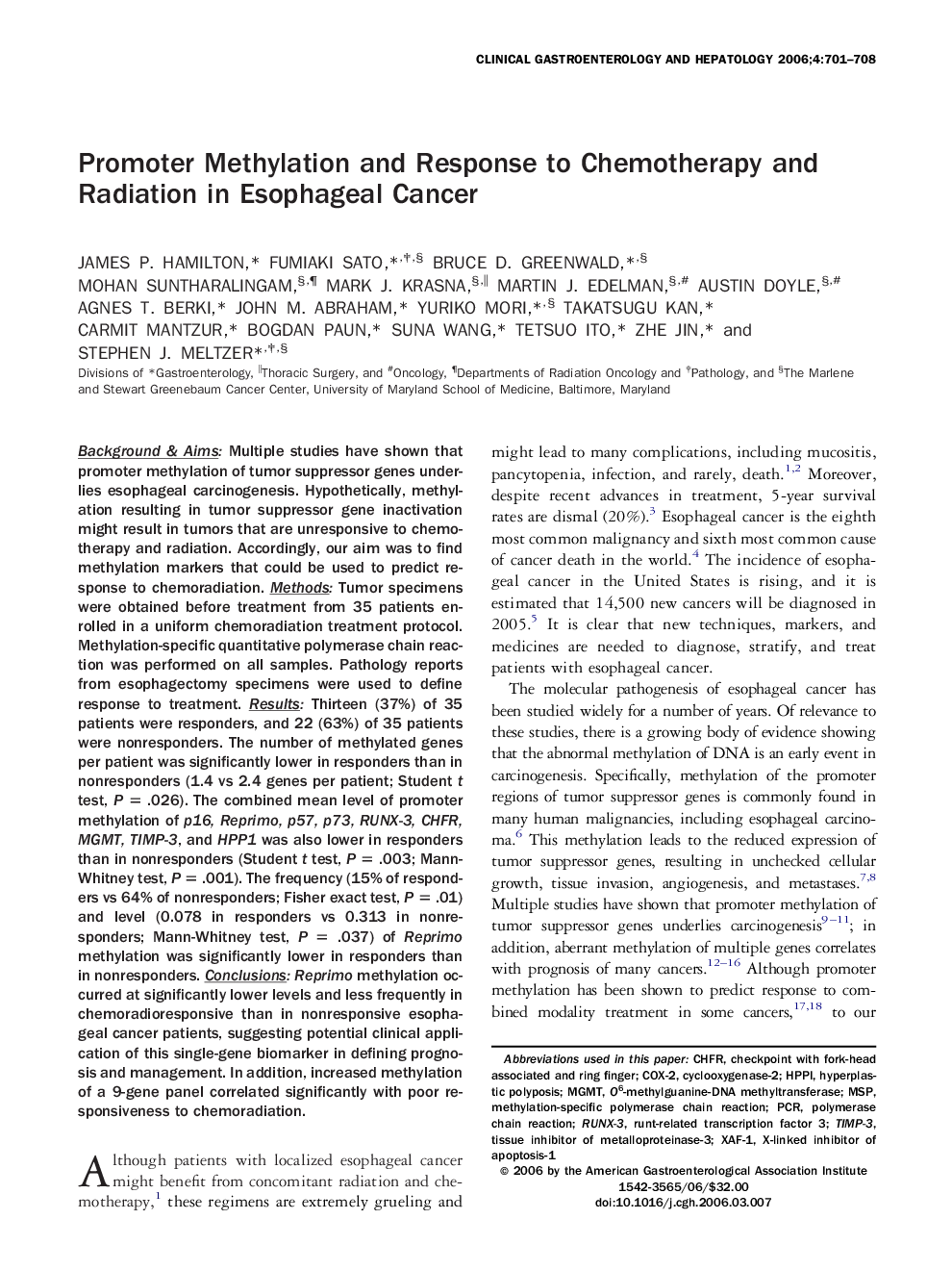 Promoter Methylation and Response to Chemotherapy and Radiation in Esophageal Cancer 