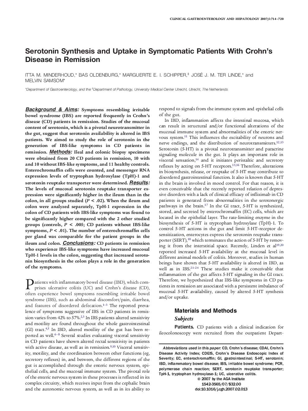 Serotonin Synthesis and Uptake in Symptomatic Patients With Crohn's Disease in Remission