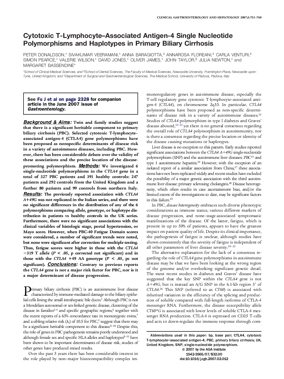 Cytotoxic T-Lymphocyte-Associated Antigen-4 Single Nucleotide Polymorphisms and Haplotypes in Primary Biliary Cirrhosis