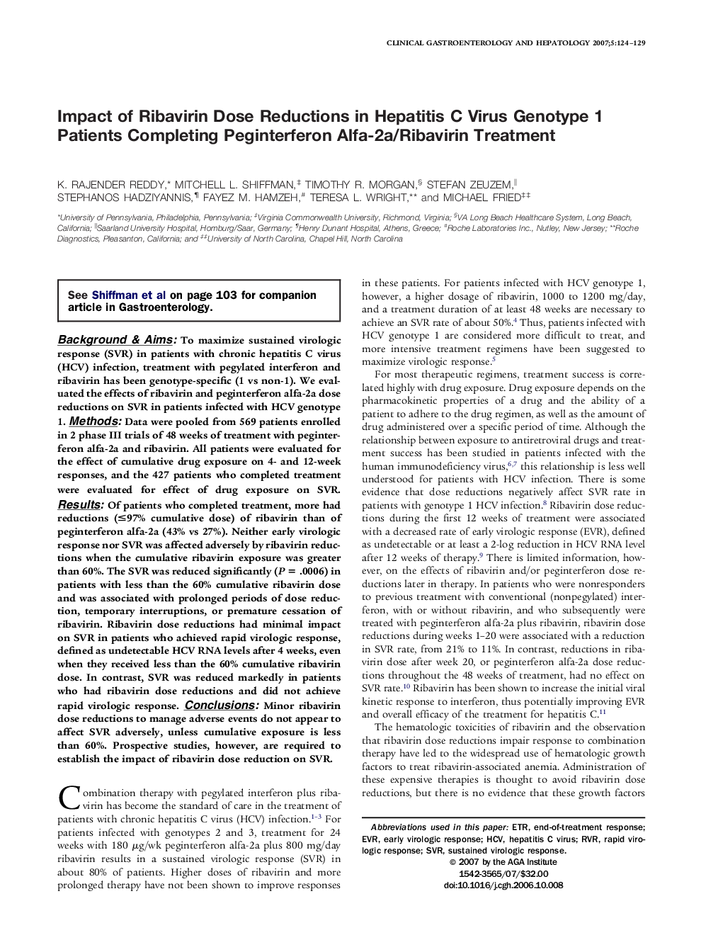 Impact of Ribavirin Dose Reductions in Hepatitis C Virus Genotype 1 Patients Completing Peginterferon Alfa-2a/Ribavirin Treatment