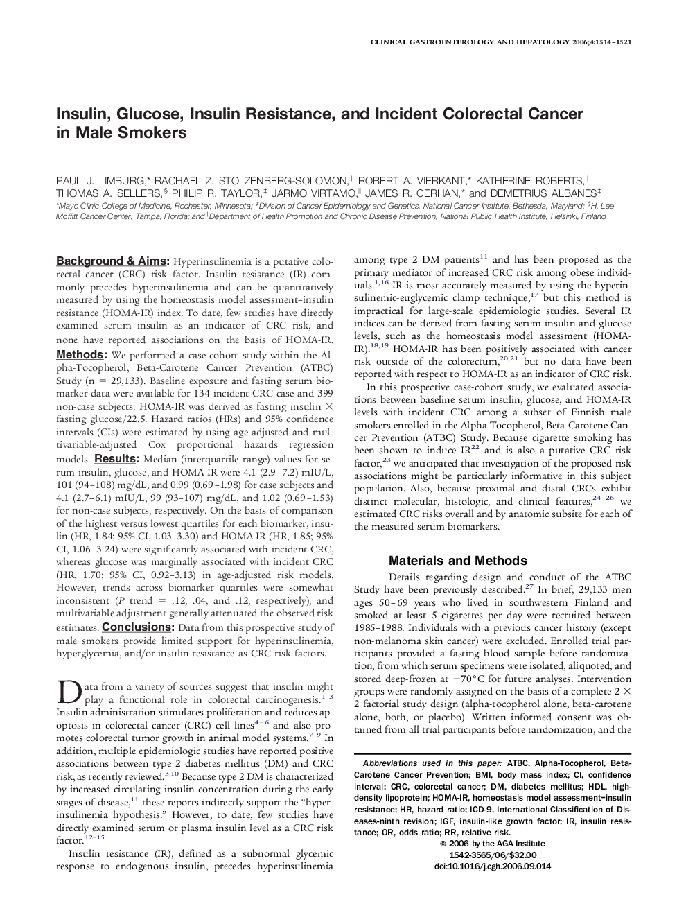 Insulin, Glucose, Insulin Resistance, and Incident Colorectal Cancer in Male Smokers