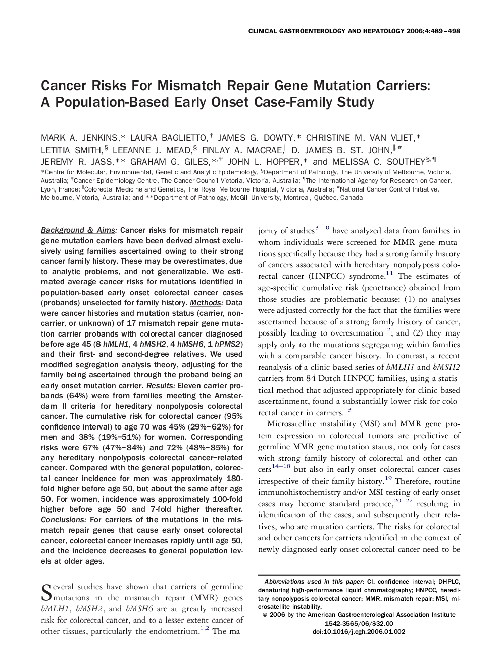 Cancer Risks For Mismatch Repair Gene Mutation Carriers: A Population-Based Early Onset Case-Family Study