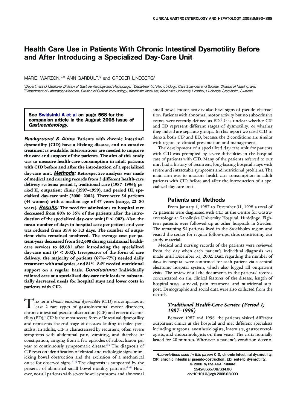 Health Care Use in Patients With Chronic Intestinal Dysmotility Before and After Introducing a Specialized Day-Care Unit