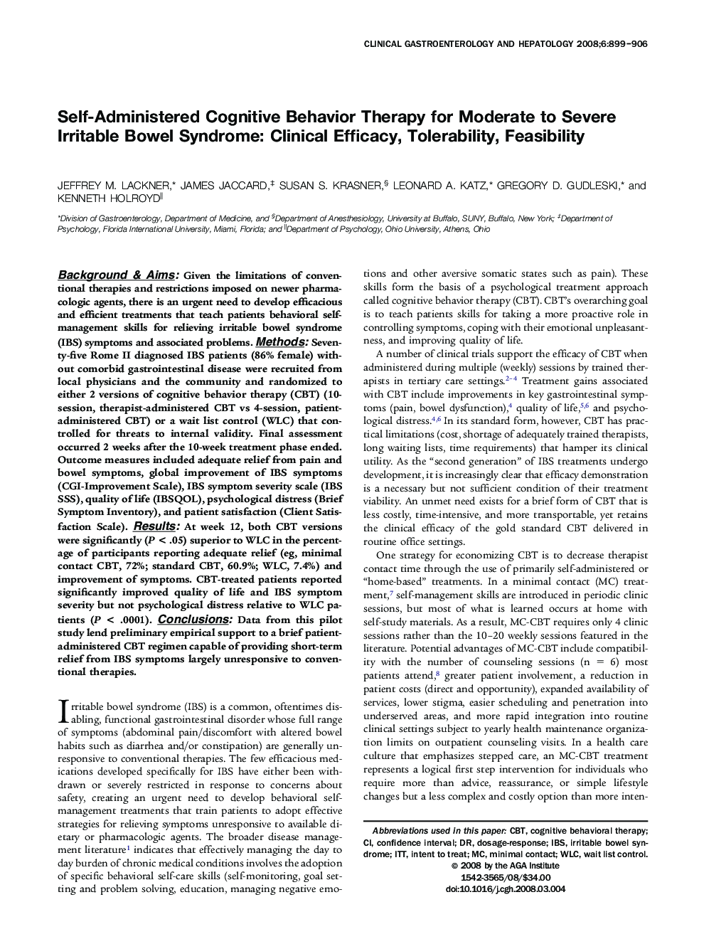 Self-Administered Cognitive Behavior Therapy for Moderate to Severe Irritable Bowel Syndrome: Clinical Efficacy, Tolerability, Feasibility
