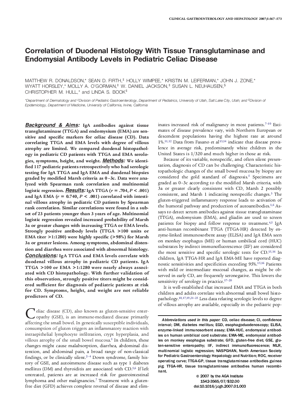 Correlation of Duodenal Histology With Tissue Transglutaminase and Endomysial Antibody Levels in Pediatric Celiac Disease
