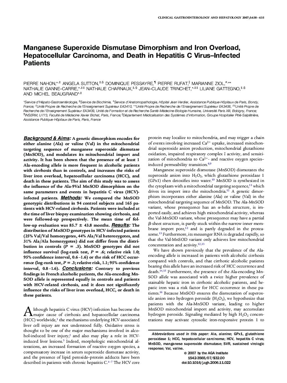 Manganese Superoxide Dismutase Dimorphism and Iron Overload, Hepatocellular Carcinoma, and Death in Hepatitis C Virus-Infected Patients