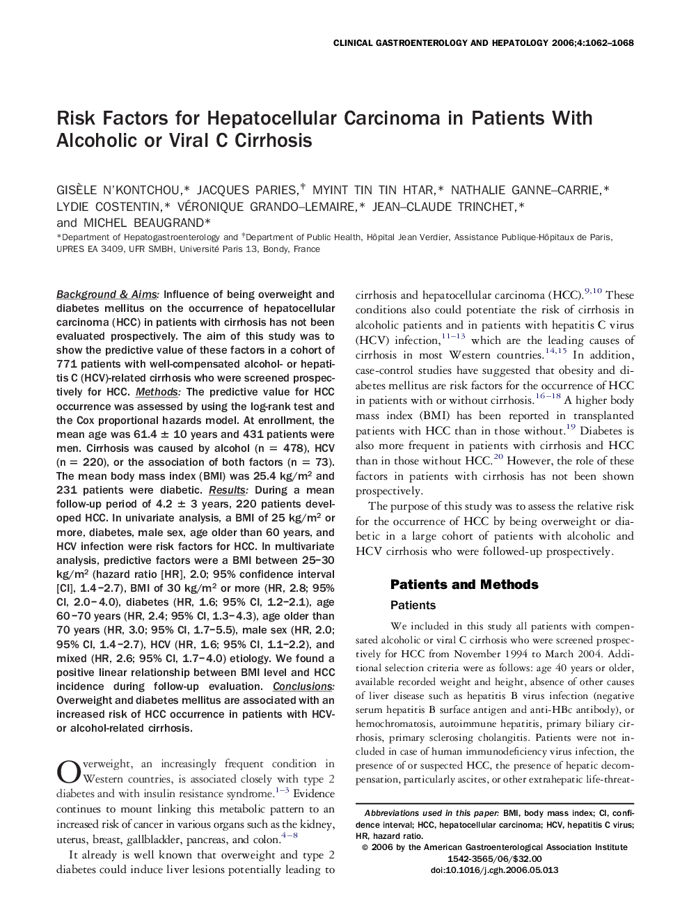 Risk Factors for Hepatocellular Carcinoma in Patients With Alcoholic or Viral C Cirrhosis