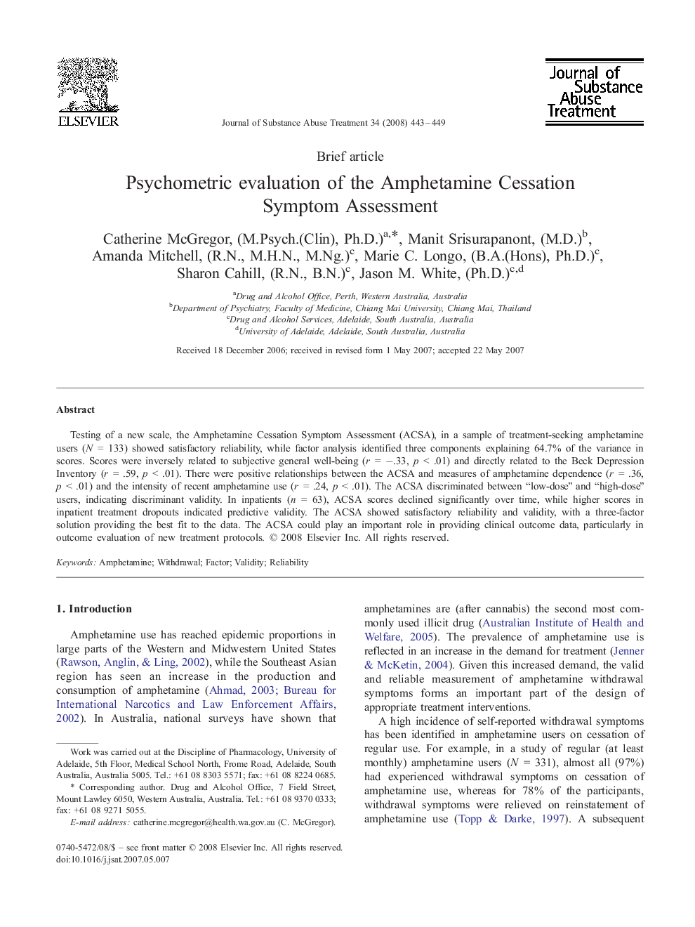 عکس صفحه اول مقاله: Psychometric evaluation of the Amphetamine Cessation Symptom Assessment Psychometric evaluation of the Amphetamine Cessation Symptom Assessment