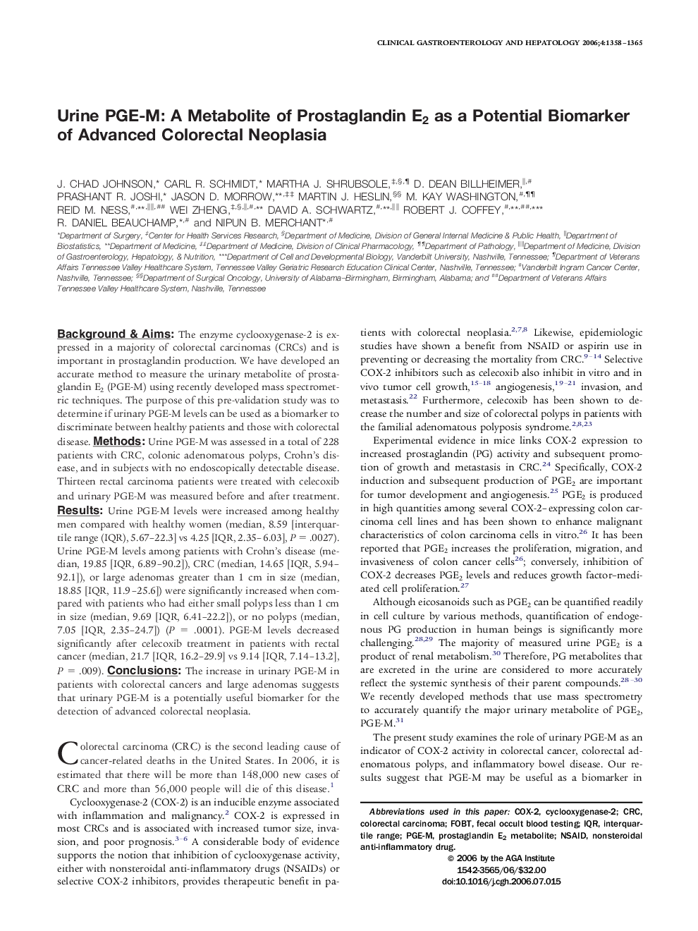 Urine PGE-M: A Metabolite of Prostaglandin E2 as a Potential Biomarker of Advanced Colorectal Neoplasia