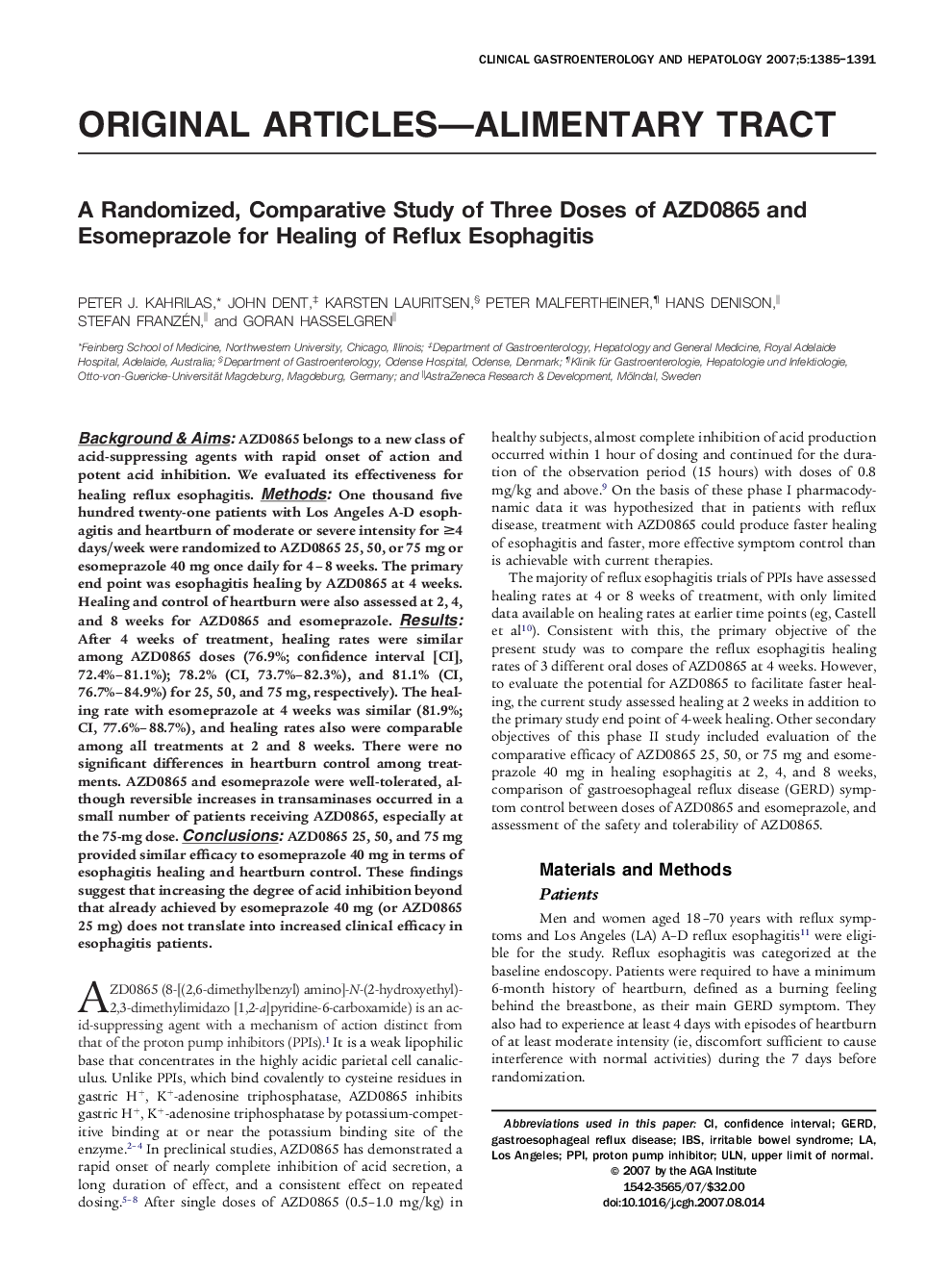 A Randomized, Comparative Study of Three Doses of AZD0865 and Esomeprazole for Healing of Reflux Esophagitis