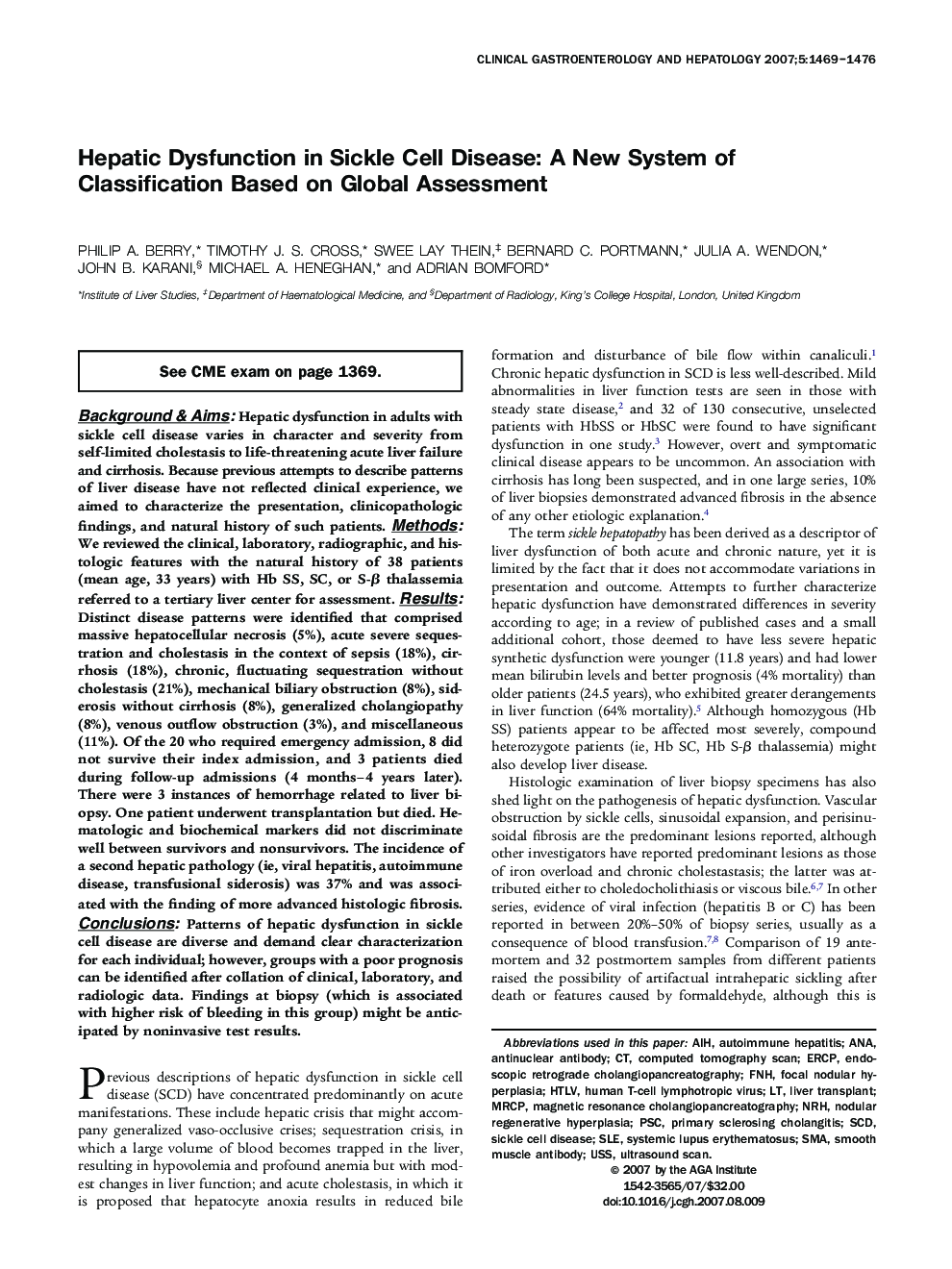 Hepatic Dysfunction in Sickle Cell Disease: A New System of Classification Based on Global Assessment