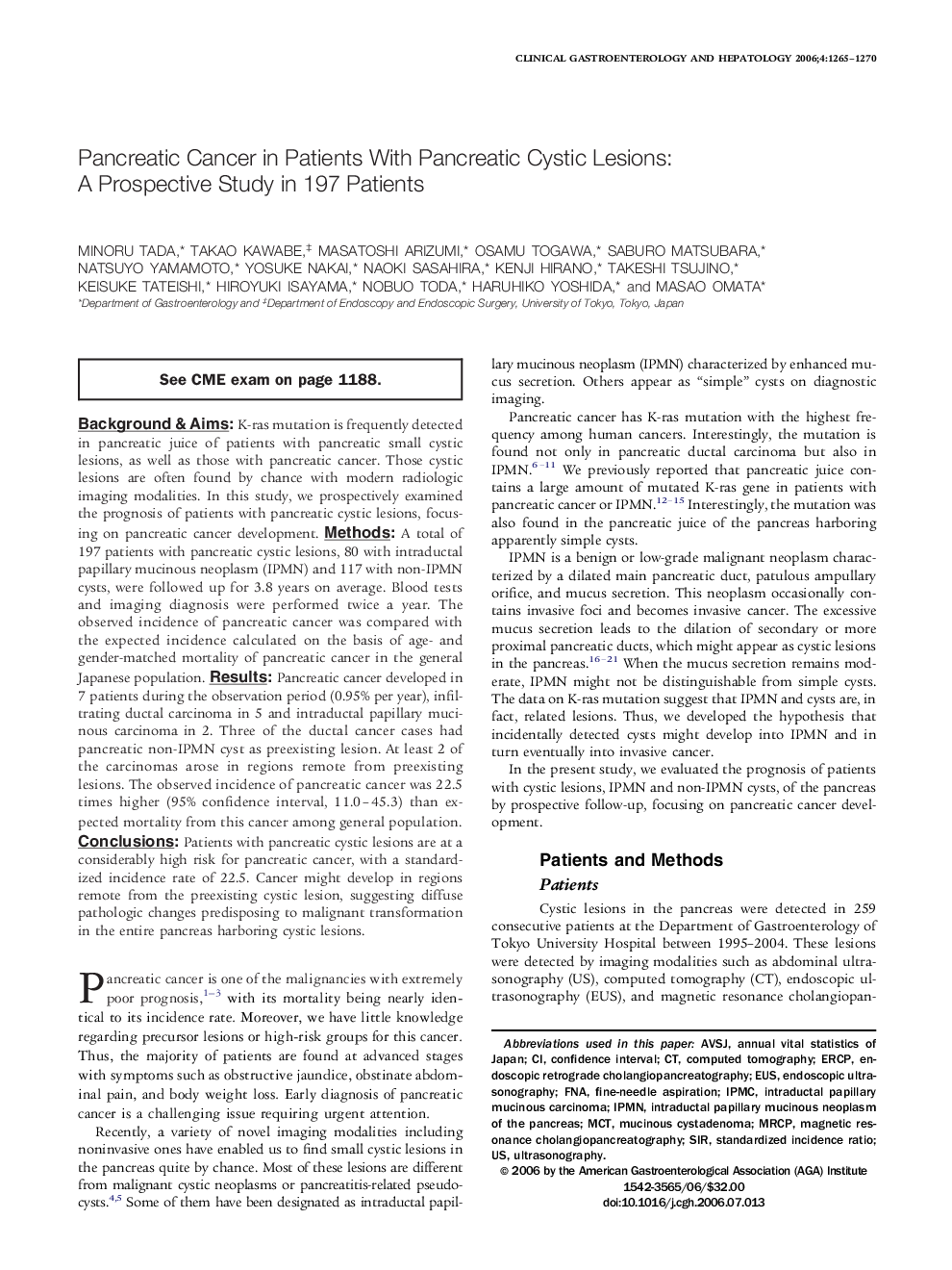 Pancreatic Cancer in Patients With Pancreatic Cystic Lesions: A Prospective Study in 197 Patients