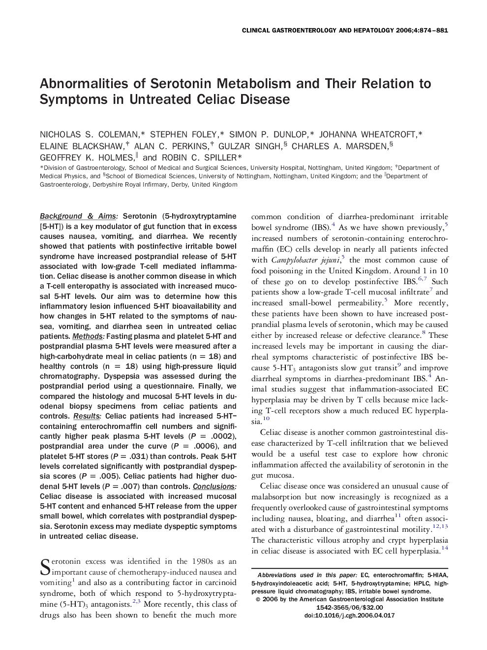 Abnormalities of Serotonin Metabolism and Their Relation to Symptoms in Untreated Celiac Disease