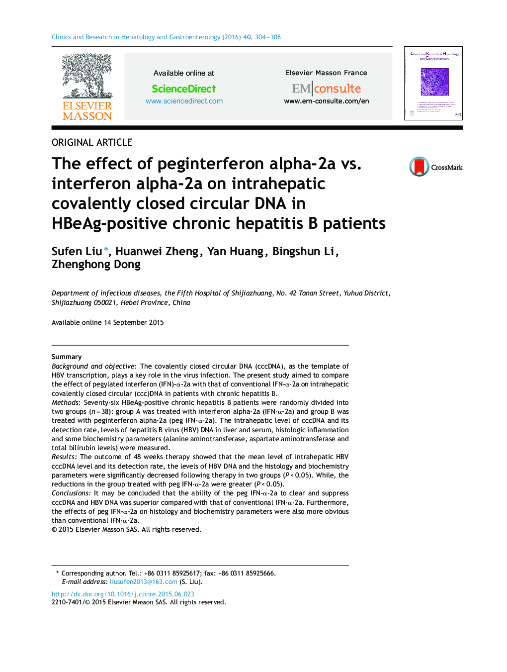 The effect of peginterferon alpha-2a vs. interferon alpha-2a on intrahepatic covalently closed circular DNA in HBeAg-positive chronic hepatitis B patients