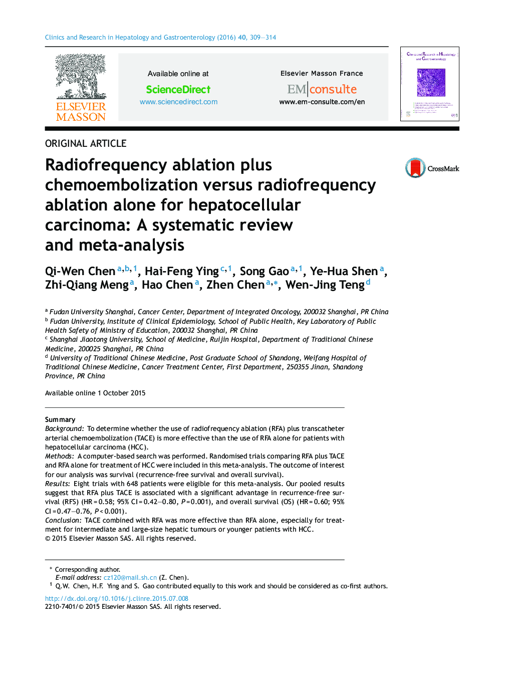 Radiofrequency ablation plus chemoembolization versus radiofrequency ablation alone for hepatocellular carcinoma: A systematic review and meta-analysis
