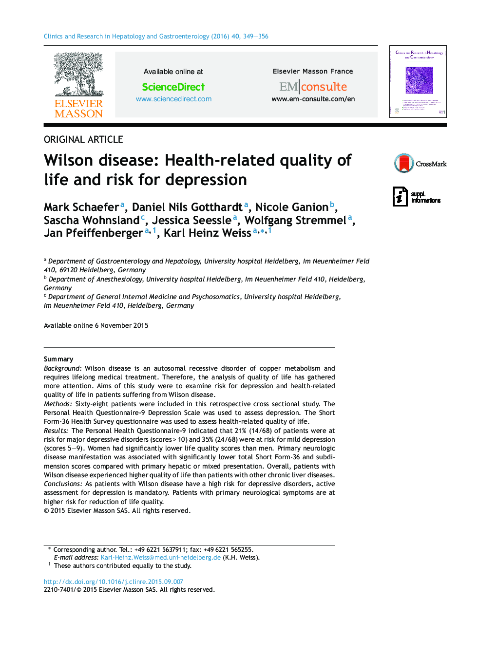 Wilson disease: Health-related quality of life and risk for depression