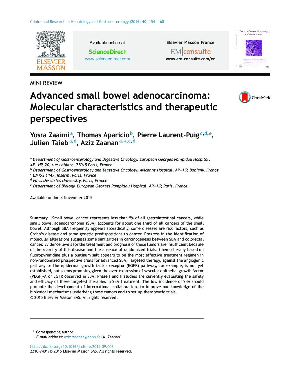 Advanced small bowel adenocarcinoma: Molecular characteristics and therapeutic perspectives