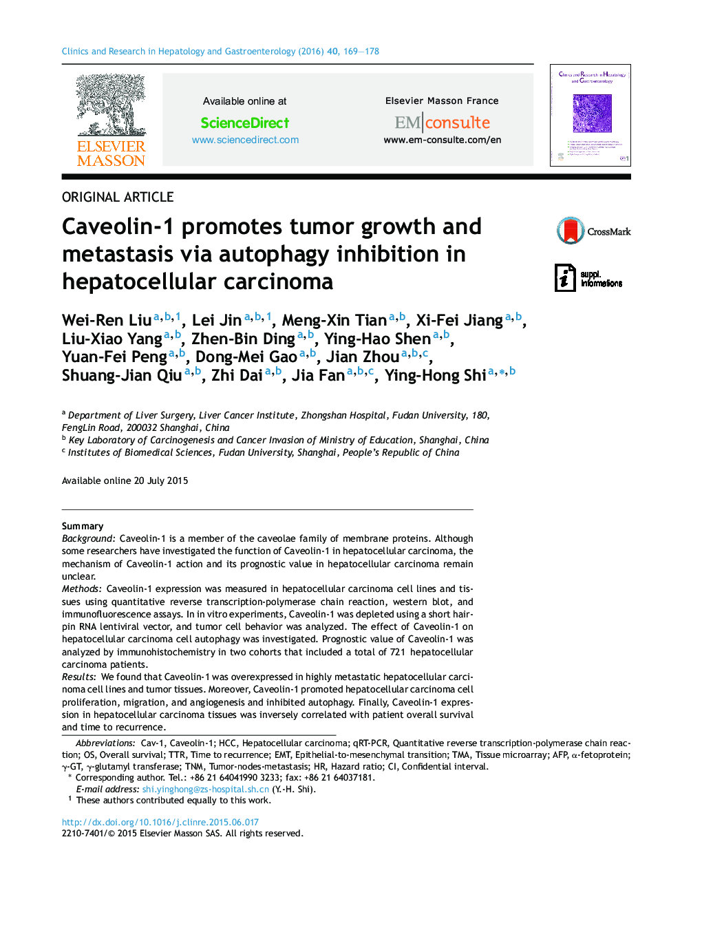 Caveolin-1 promotes tumor growth and metastasis via autophagy inhibition in hepatocellular carcinoma