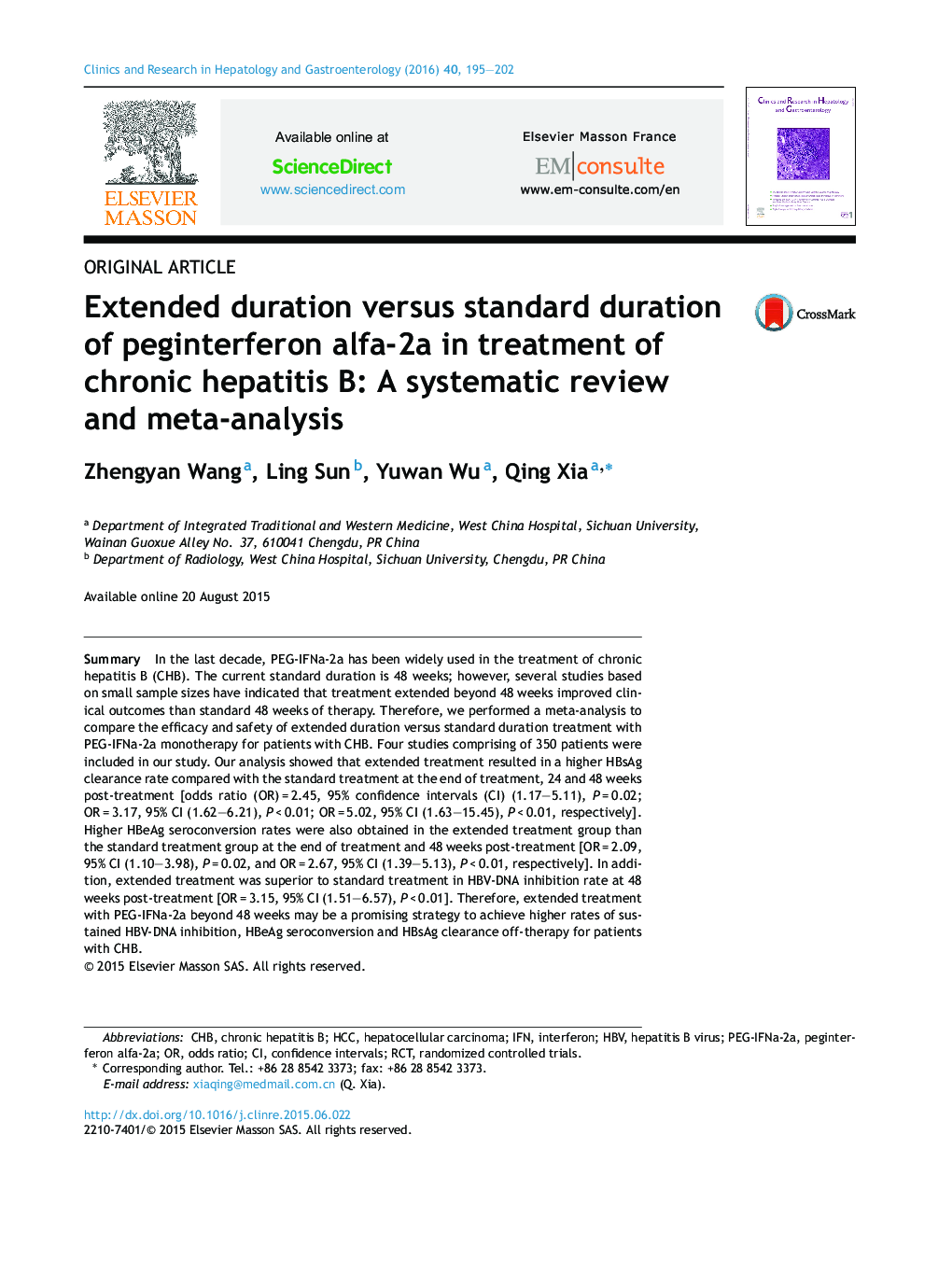 Extended duration versus standard duration of peginterferon alfa-2a in treatment of chronic hepatitis B: A systematic review and meta-analysis