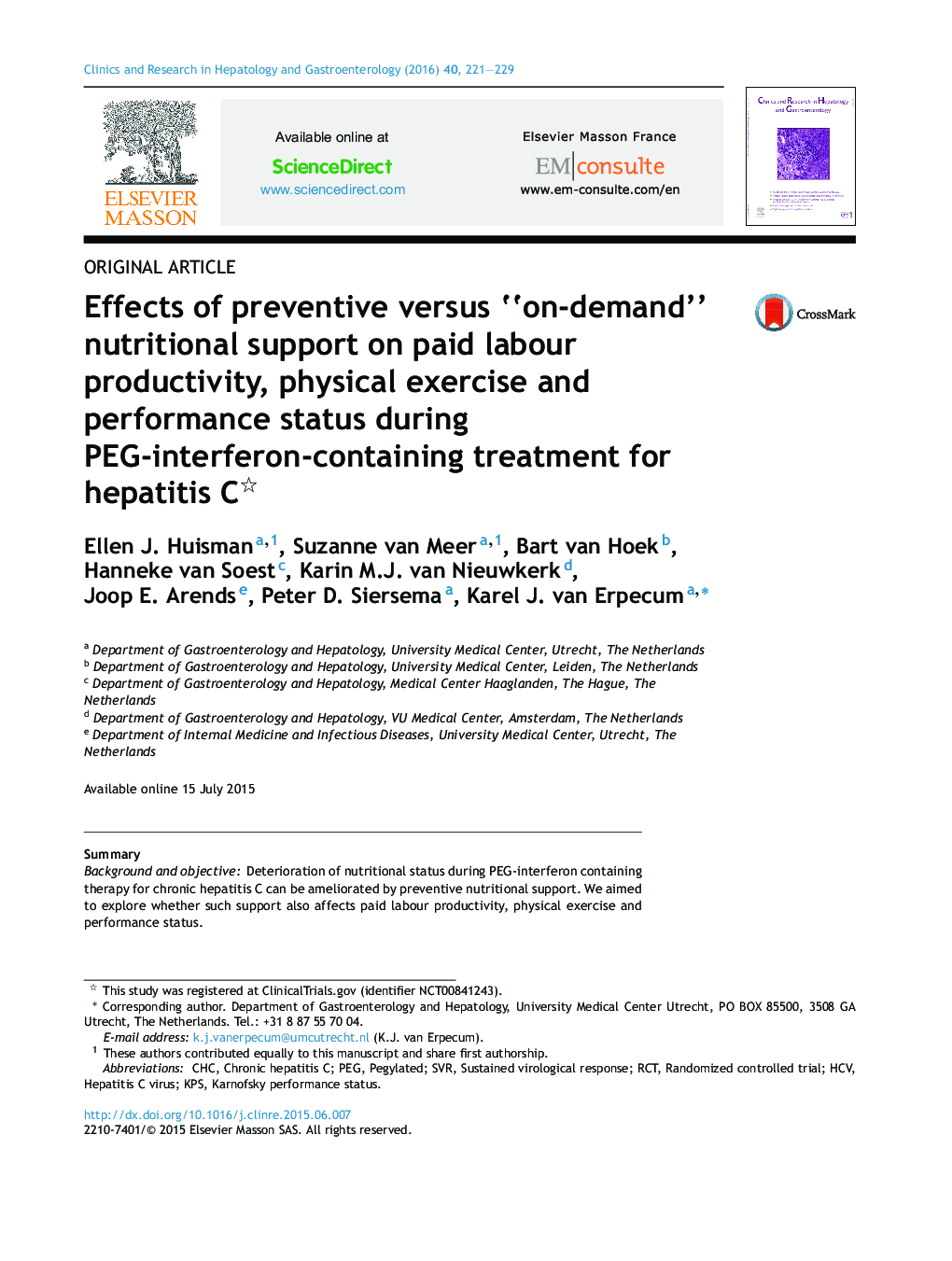 Effects of preventive versus “on-demand” nutritional support on paid labour productivity, physical exercise and performance status during PEG-interferon-containing treatment for hepatitis C 