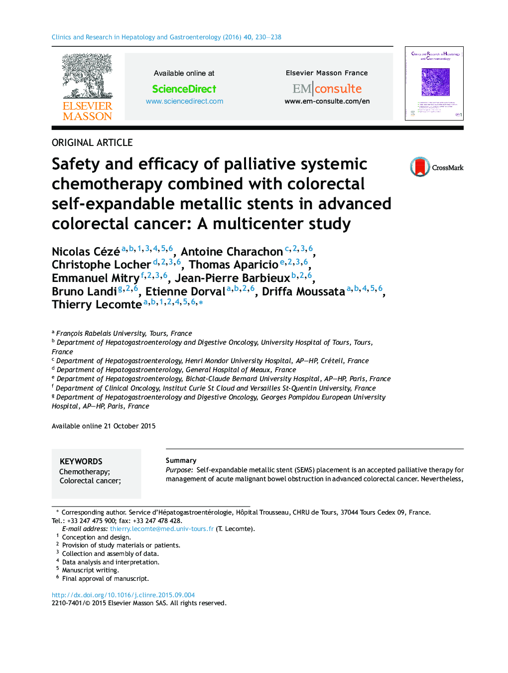 Safety and efficacy of palliative systemic chemotherapy combined with colorectal self-expandable metallic stents in advanced colorectal cancer: A multicenter study