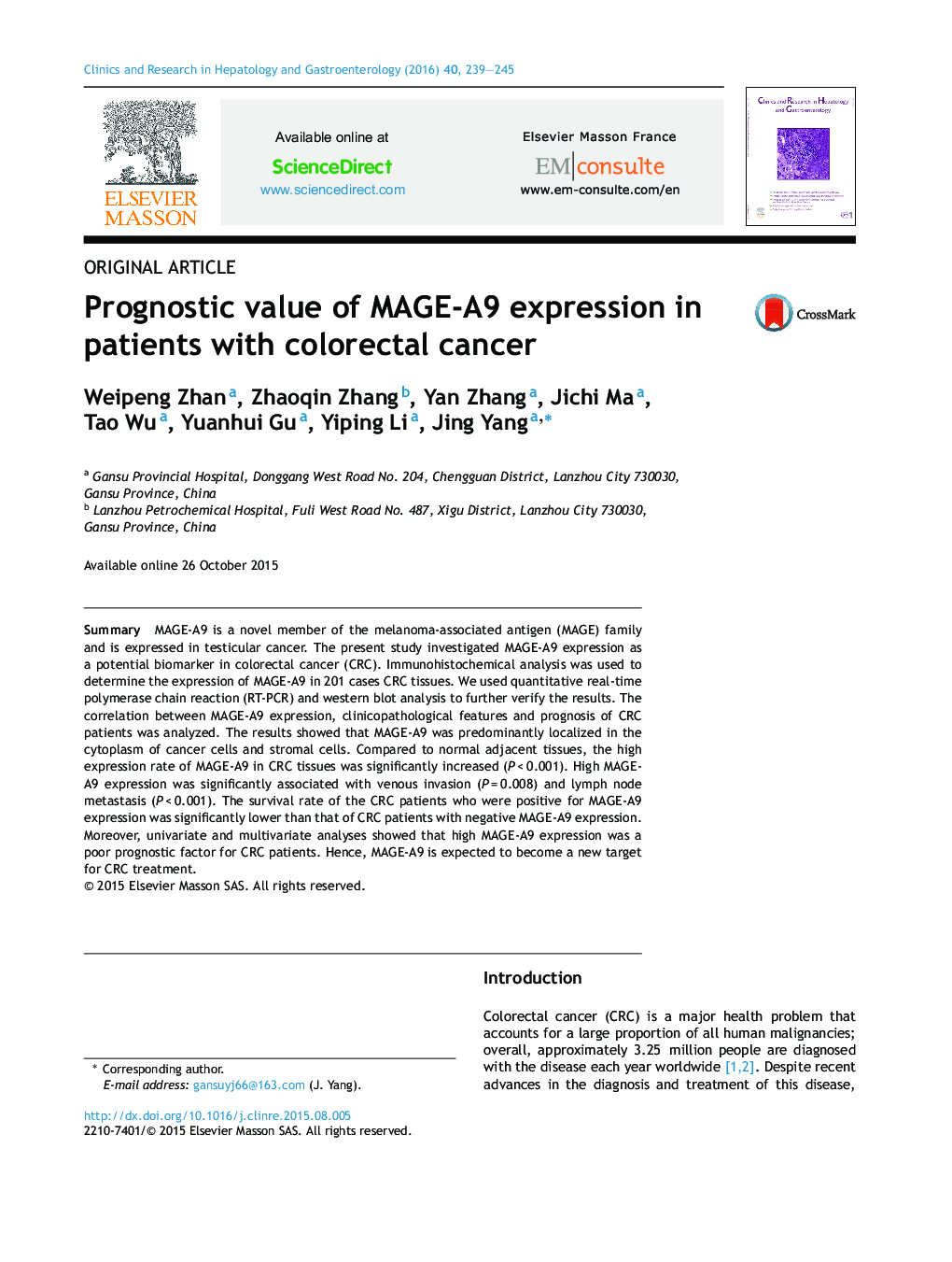 Prognostic value of MAGE-A9 expression in patients with colorectal cancer