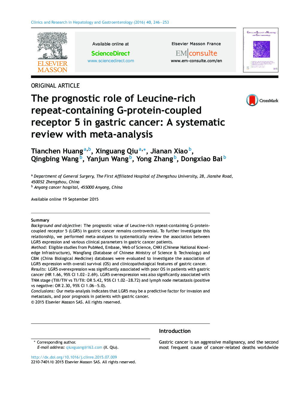 The prognostic role of Leucine-rich repeat-containing G-protein-coupled receptor 5 in gastric cancer: A systematic review with meta-analysis