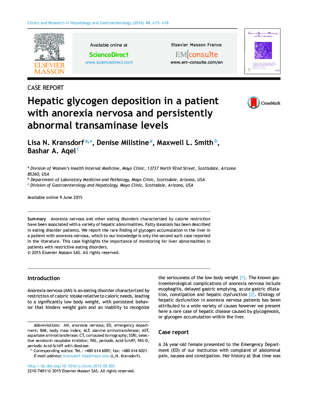 Hepatic glycogen deposition in a patient with anorexia nervosa and persistently abnormal transaminase levels