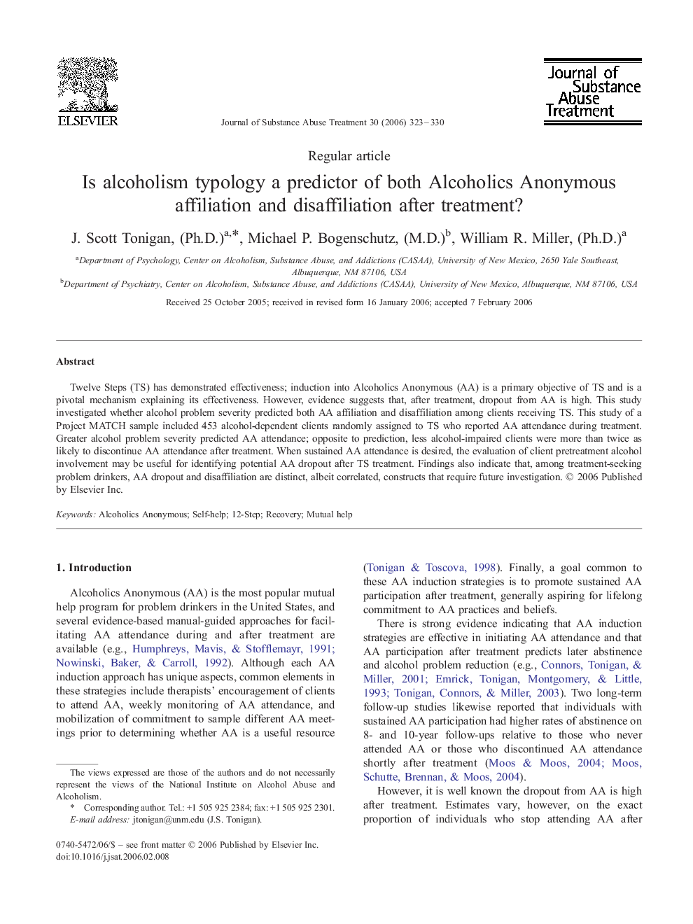 Is alcoholism typology a predictor of both Alcoholics Anonymous affiliation and disaffiliation after treatment? 