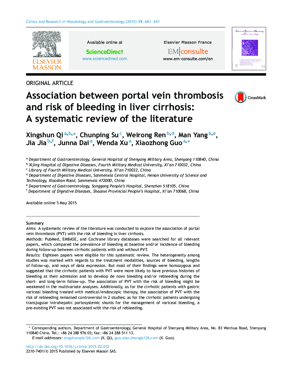 Association between portal vein thrombosis and risk of bleeding in liver cirrhosis: A systematic review of the literature