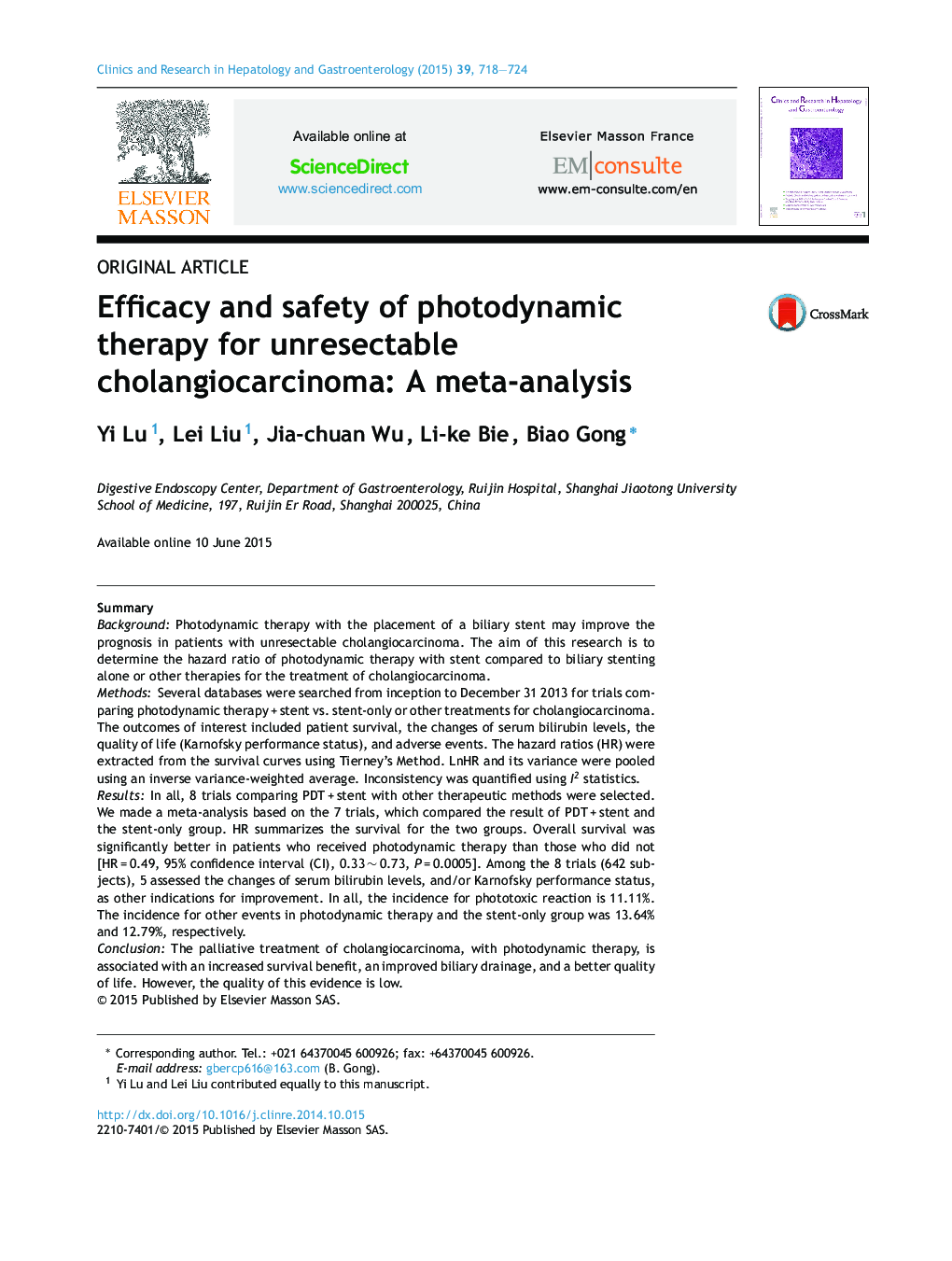 Efficacy and safety of photodynamic therapy for unresectable cholangiocarcinoma: A meta-analysis