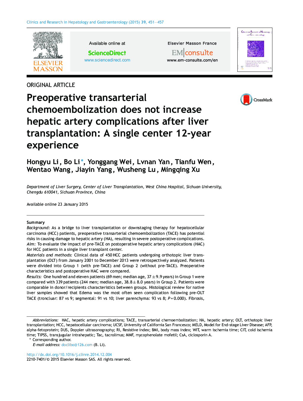 Preoperative transarterial chemoembolization does not increase hepatic artery complications after liver transplantation: A single center 12-year experience