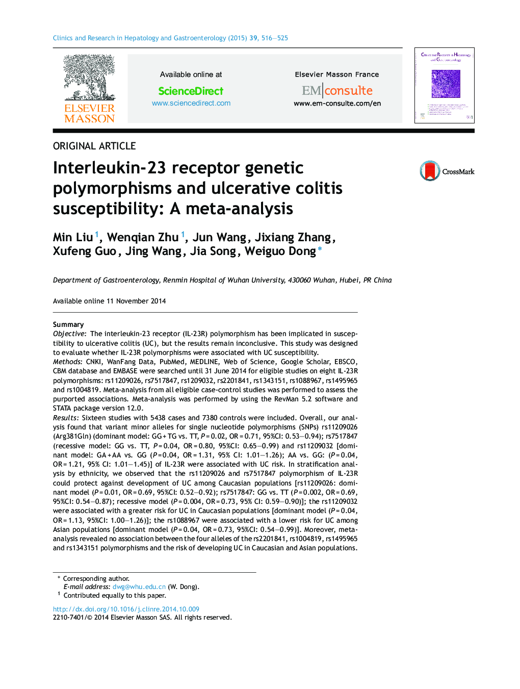 Interleukin-23 receptor genetic polymorphisms and ulcerative colitis susceptibility: A meta-analysis