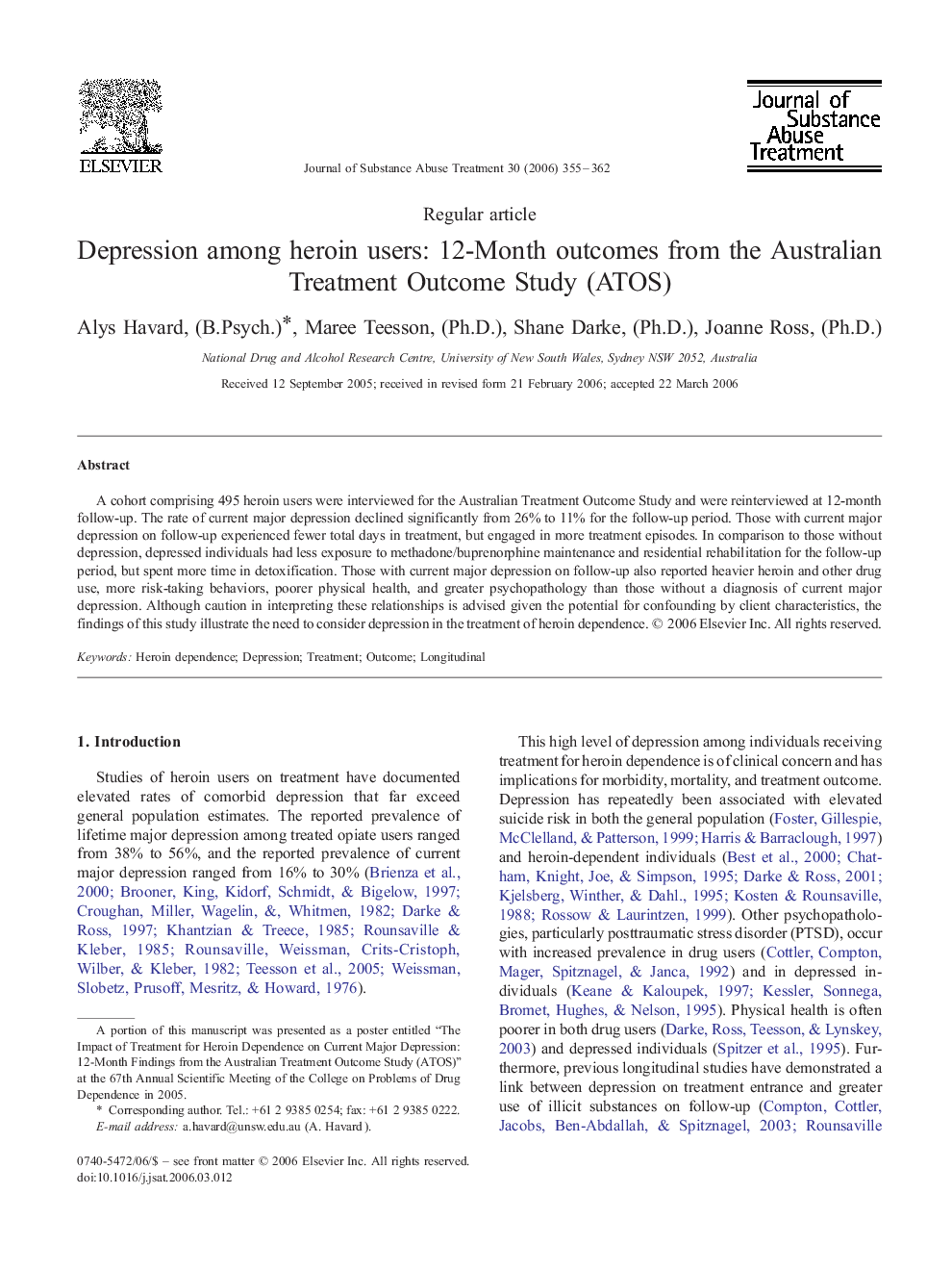 Depression among heroin users: 12-Month outcomes from the Australian Treatment Outcome Study (ATOS)