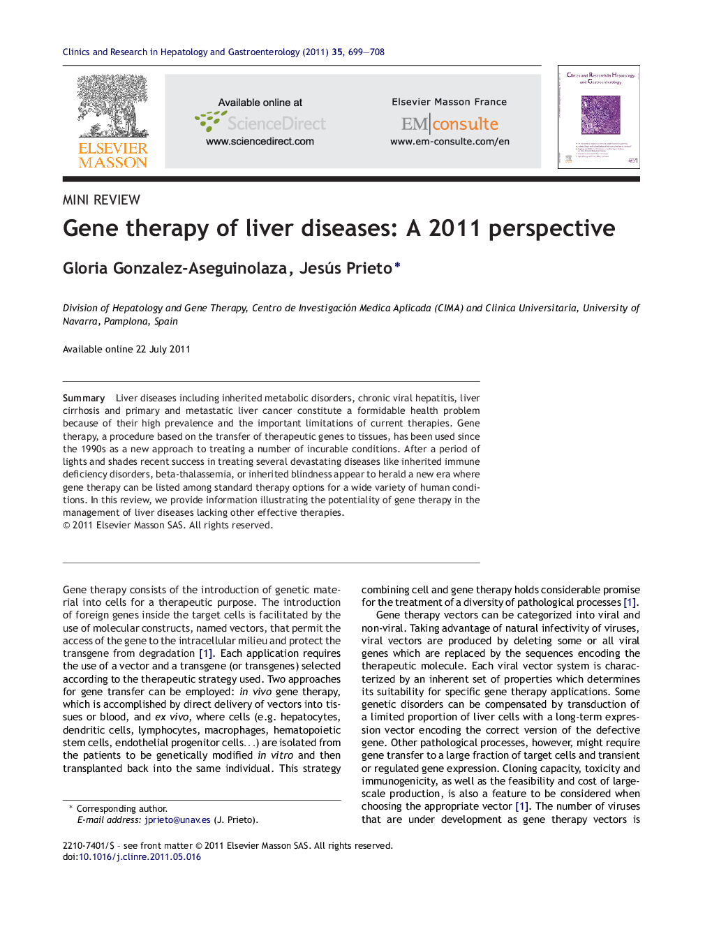 Gene therapy of liver diseases: A 2011 perspective