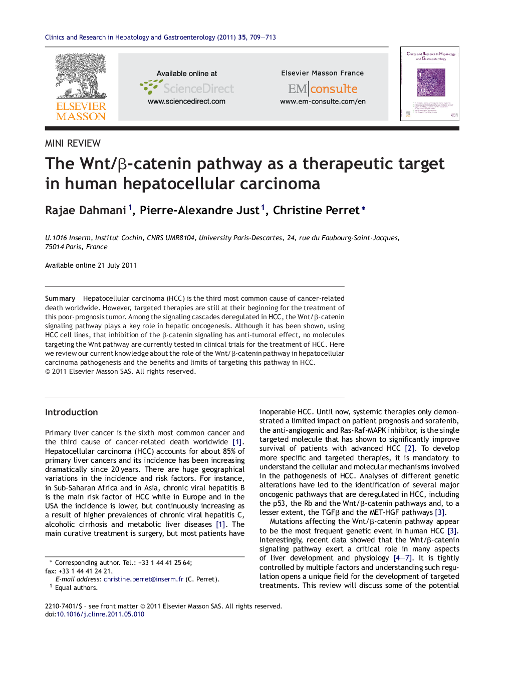 The Wnt/β-catenin pathway as a therapeutic target in human hepatocellular carcinoma