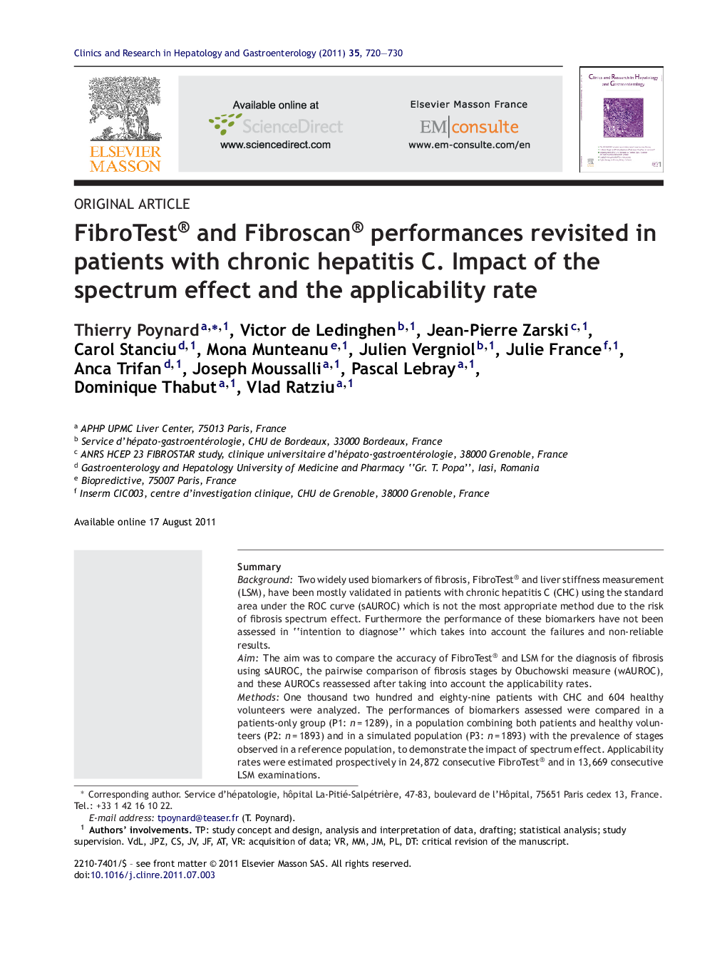 FibroTest® and Fibroscan® performances revisited in patients with chronic hepatitis C. Impact of the spectrum effect and the applicability rate