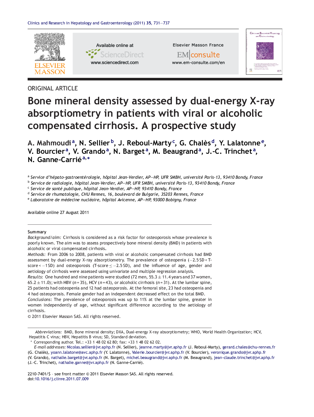 Bone mineral density assessed by dual-energy X-ray absorptiometry in patients with viral or alcoholic compensated cirrhosis. A prospective study