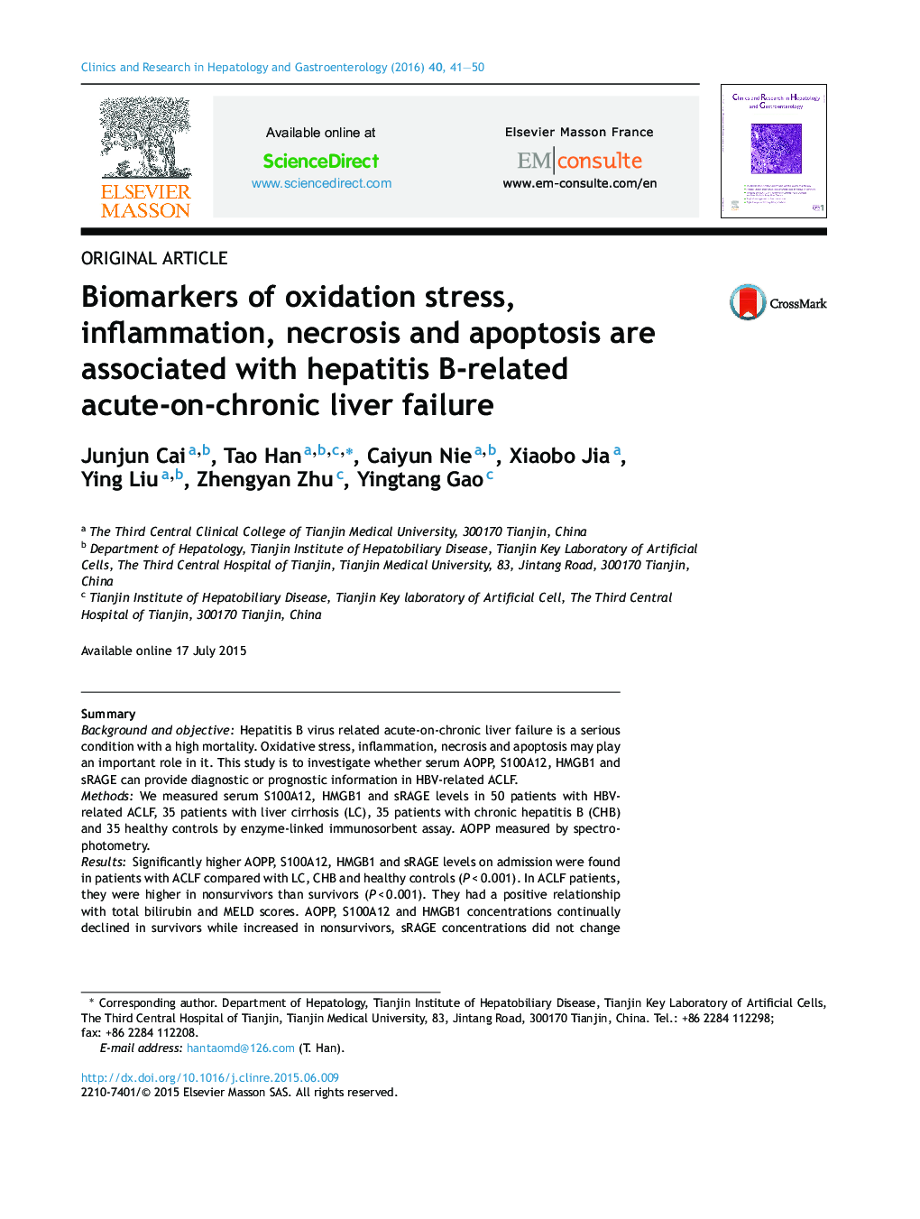 Biomarkers of oxidation stress, inflammation, necrosis and apoptosis are associated with hepatitis B-related acute-on-chronic liver failure