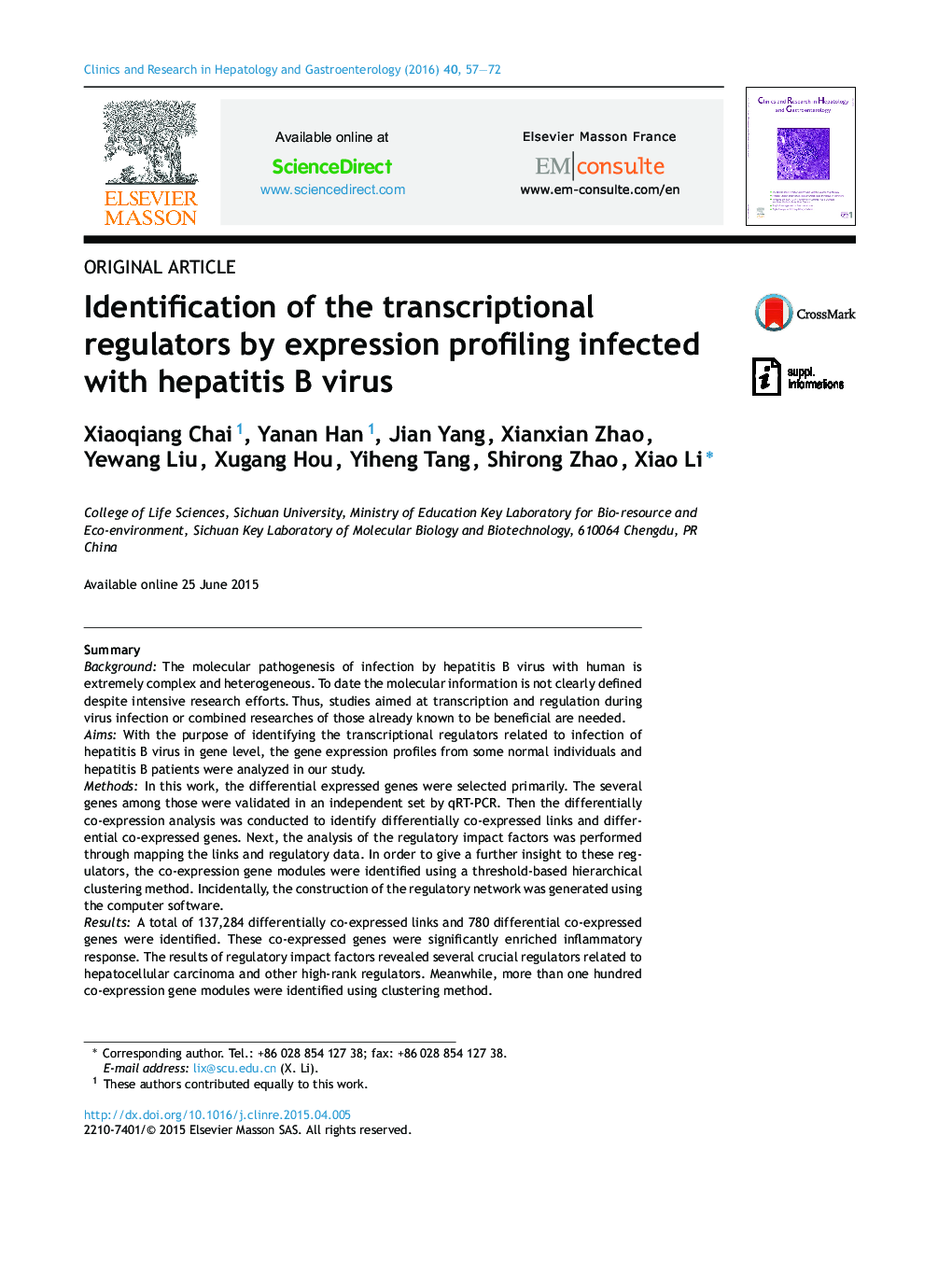 Identification of the transcriptional regulators by expression profiling infected with hepatitis B virus