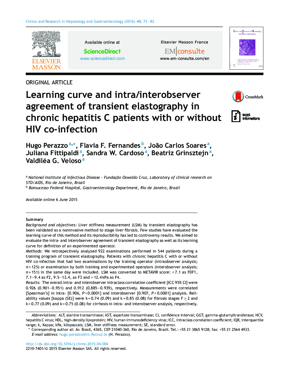 Learning curve and intra/interobserver agreement of transient elastography in chronic hepatitis C patients with or without HIV co-infection