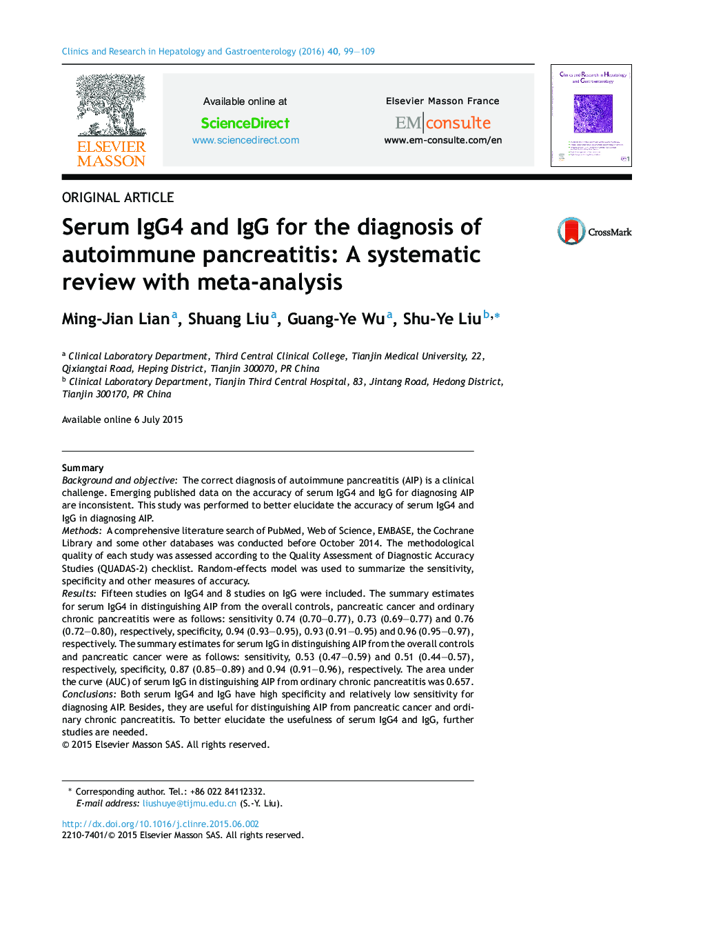 Serum IgG4 and IgG for the diagnosis of autoimmune pancreatitis: A systematic review with meta-analysis