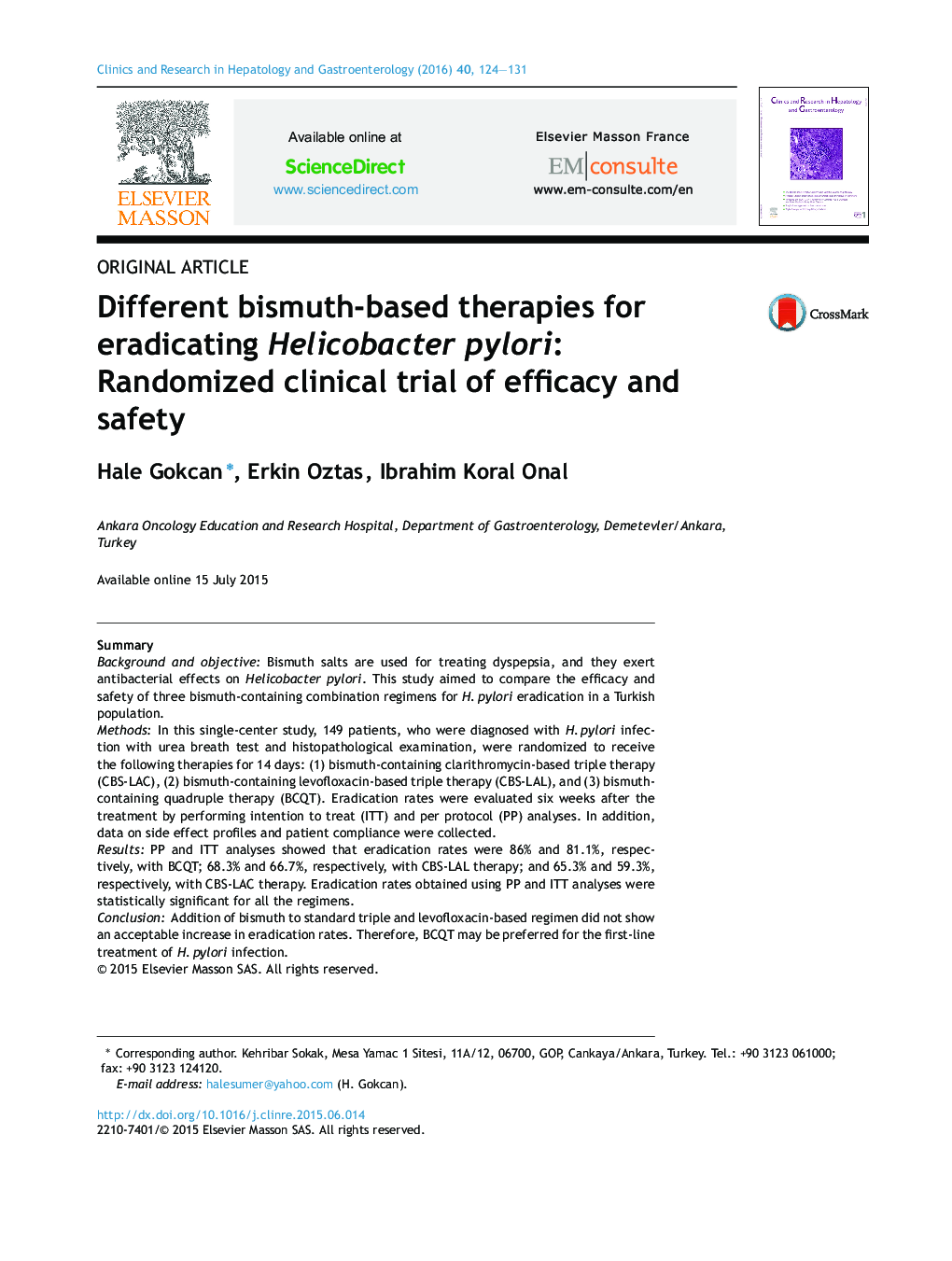 Different bismuth-based therapies for eradicating Helicobacter pylori: Randomized clinical trial of efficacy and safety