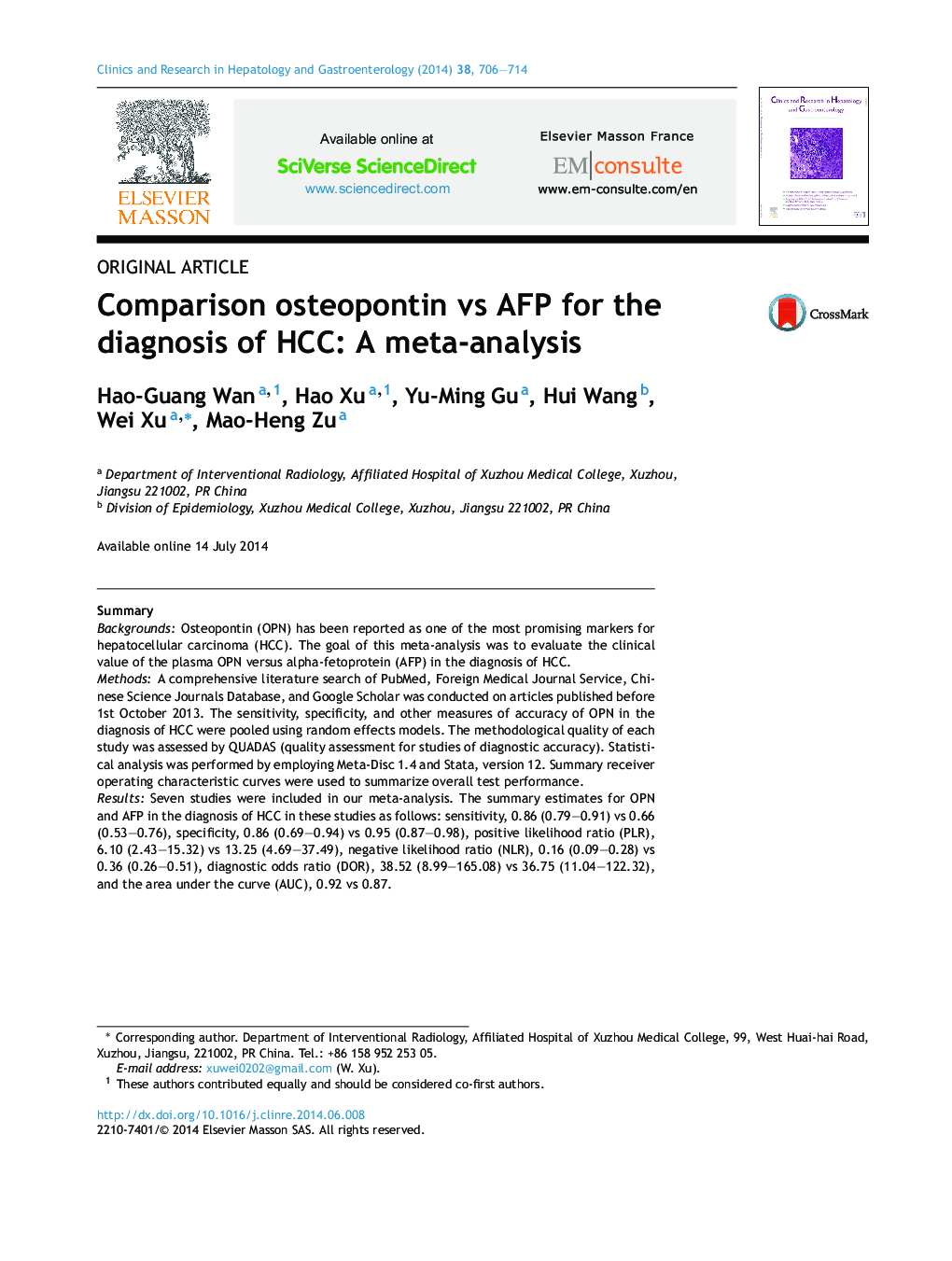 Comparison osteopontin vs AFP for the diagnosis of HCC: A meta-analysis