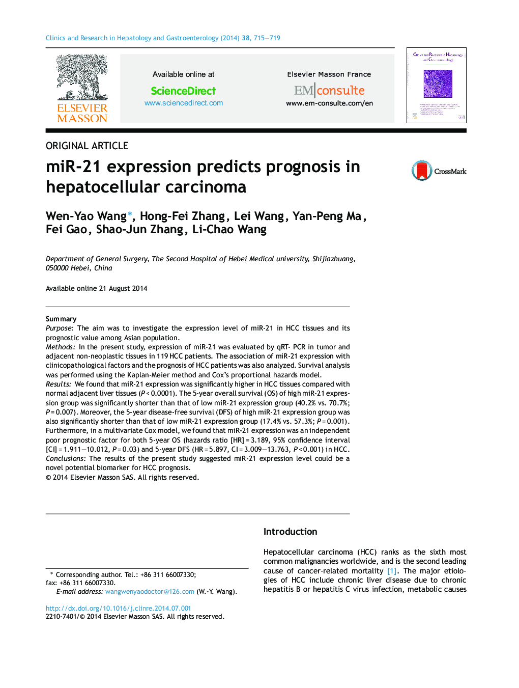 miR-21 expression predicts prognosis in hepatocellular carcinoma