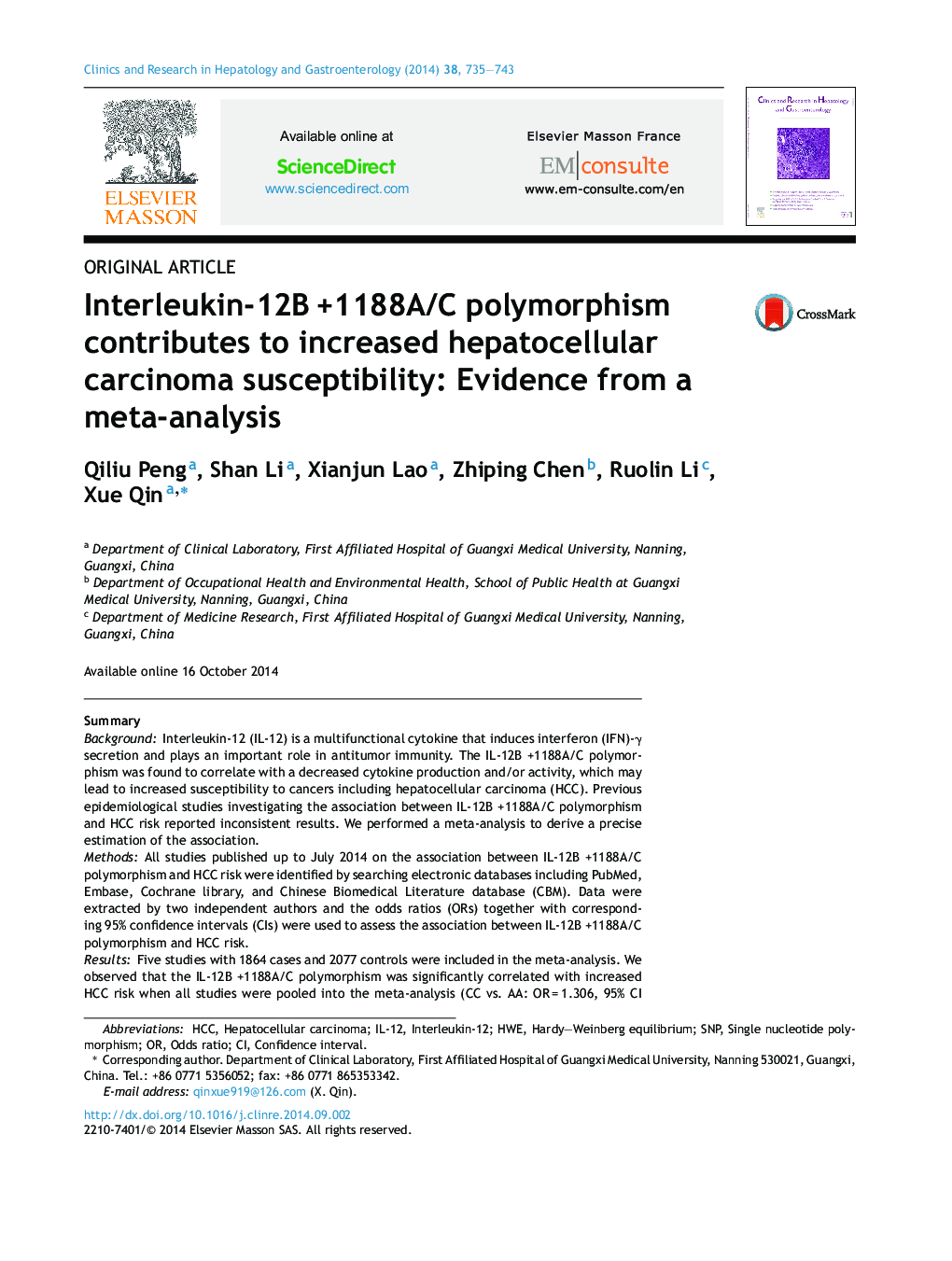 Interleukin-12B +1188A/C polymorphism contributes to increased hepatocellular carcinoma susceptibility: Evidence from a meta-analysis