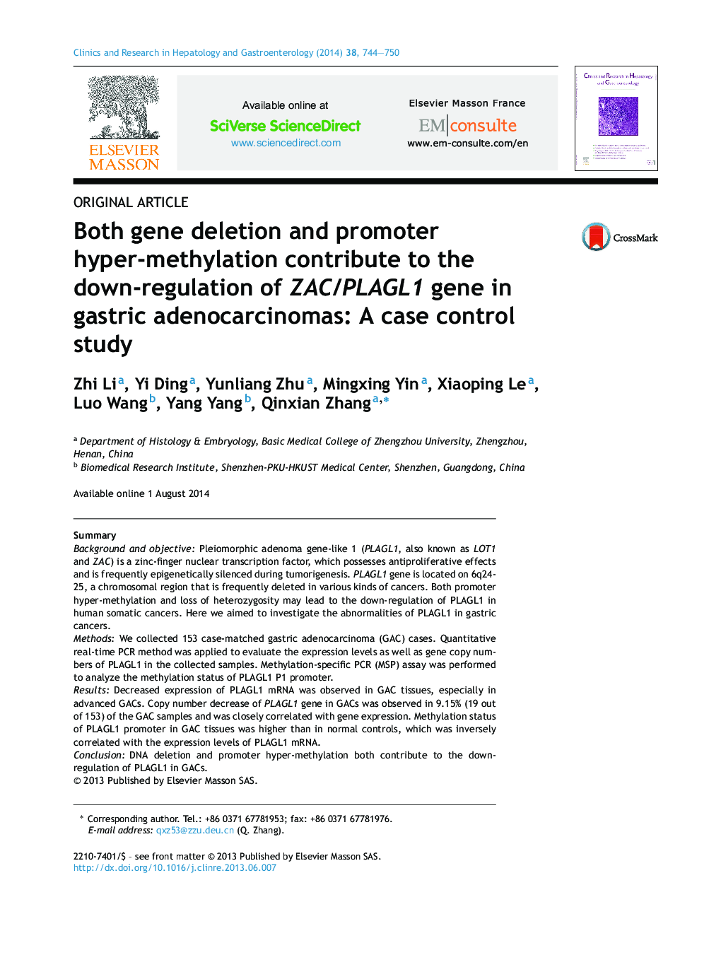 Both gene deletion and promoter hyper-methylation contribute to the down-regulation of ZAC/PLAGL1 gene in gastric adenocarcinomas: A case control study