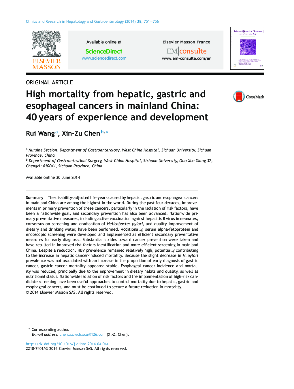 High mortality from hepatic, gastric and esophageal cancers in mainland China: 40 years of experience and development