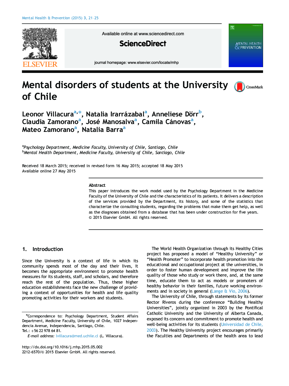 Mental disorders of students at the University of Chile