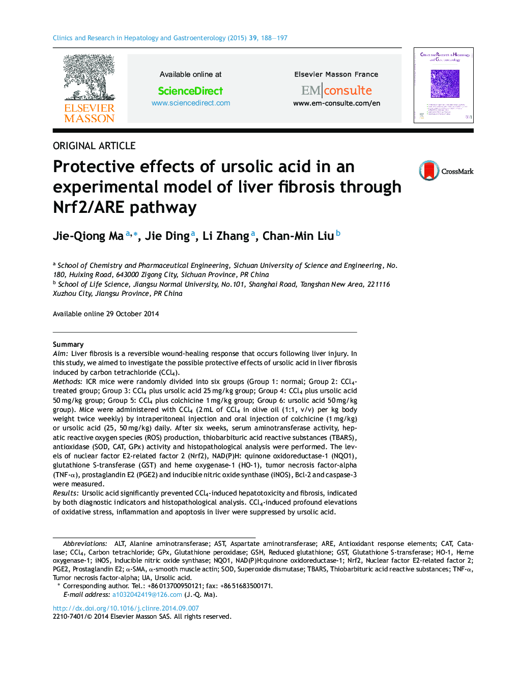 Protective effects of ursolic acid in an experimental model of liver fibrosis through Nrf2/ARE pathway